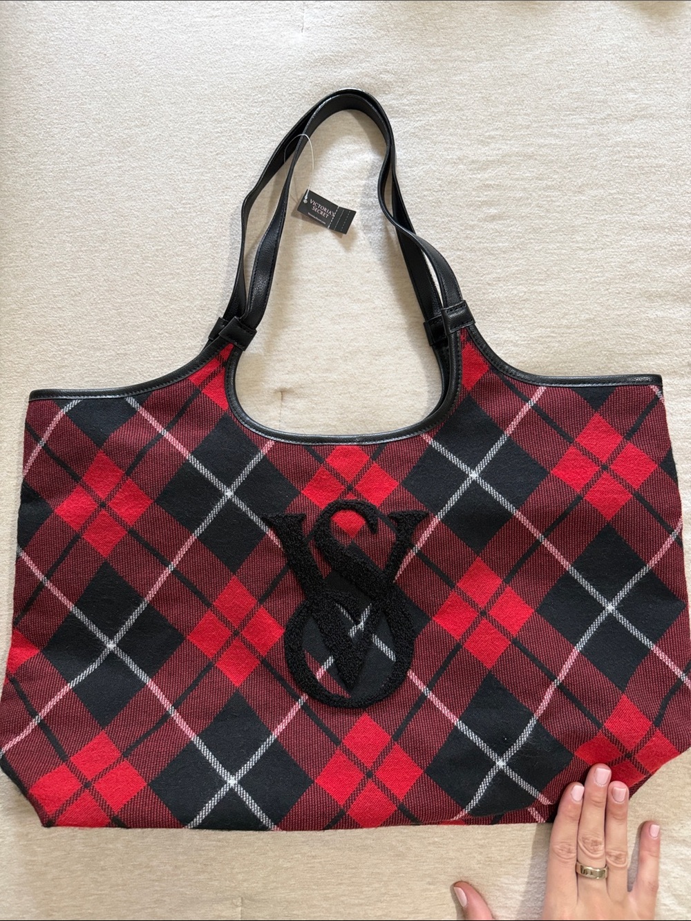 NWT Victoria’s Secret Red & Black Plaid Tote with Raised Black Monogram Accent